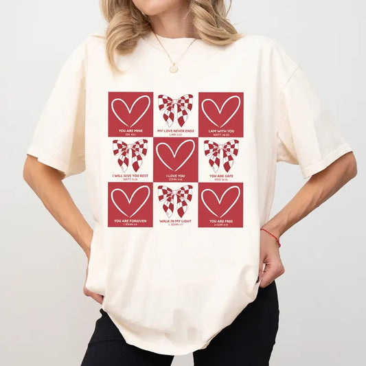 Religious Valentine's Day Comfort Colors Shirt, Conversation Hearts T-shirt, Checkered Bow Bible Verse Tee, Valentine's Gift For Christian