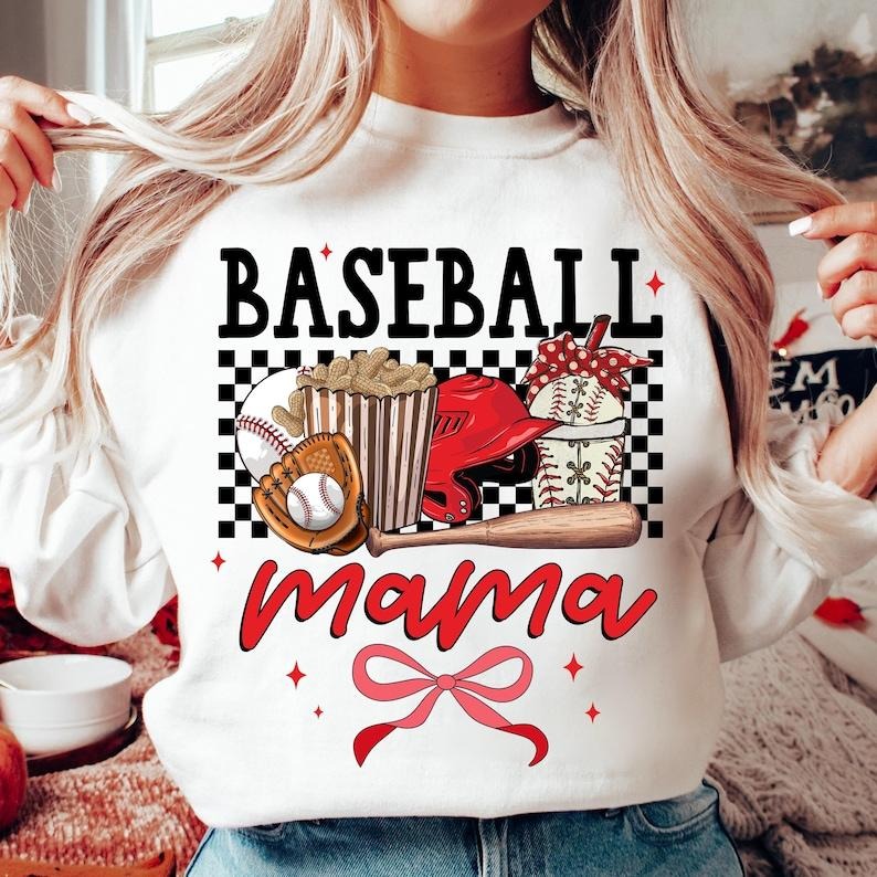 Retro Baseball Mama , Game Day Baseball Coquette , Baseball Bow , Baseball Mom , Tis the Season , Checkered Baseball Sweatshirt