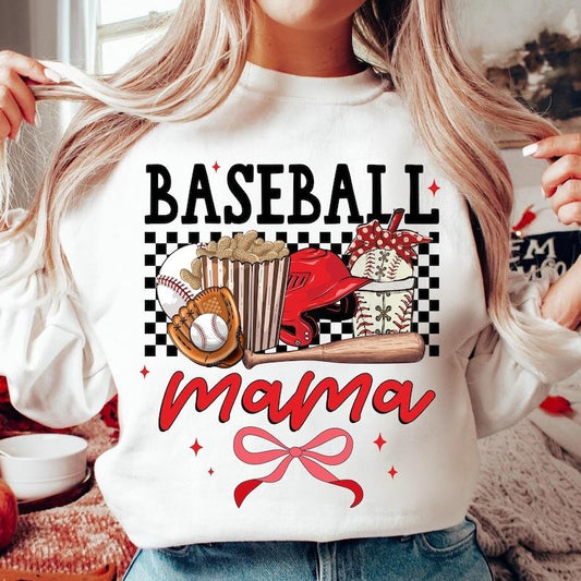 Retro Baseball Mama , Game Day Baseball Coquette , Baseball Bow , Baseball Mom , Tis the Season , Checkered Baseball Sweatshirt