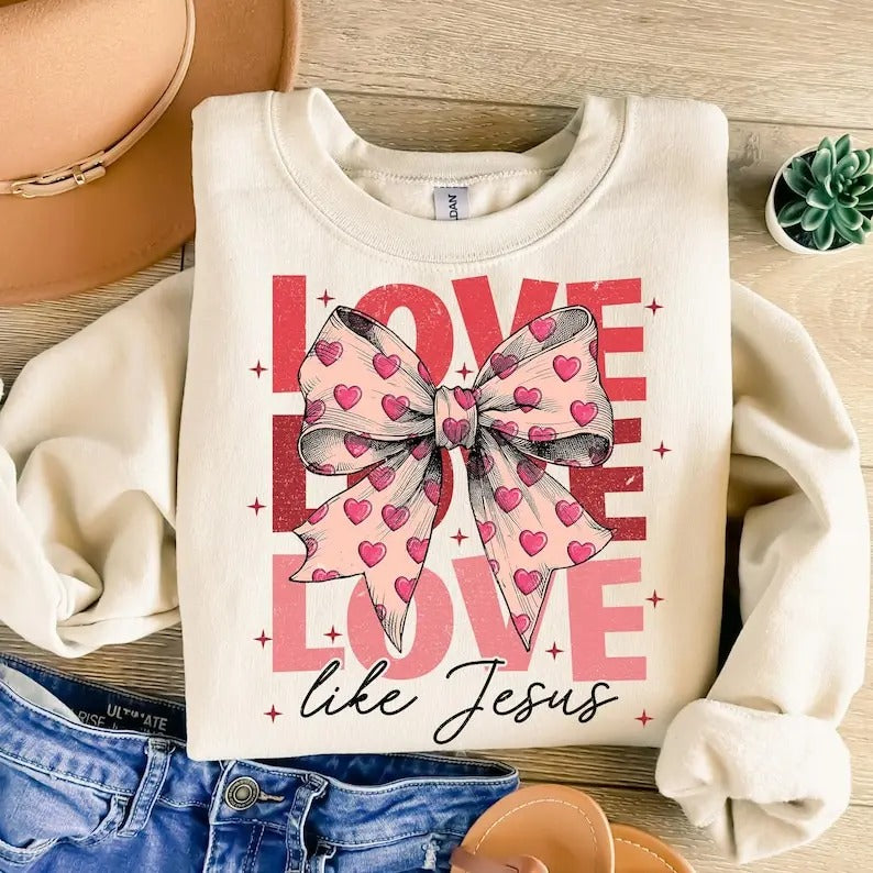 Retro Christian Valentine Sweatshirt Love Like Jesus , Coquette Heart Bow , Valentine Coquette , Jesus Valentine , You are Loved
