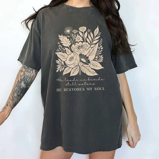 Retro Floral Bible Verse Comfort Colors Shirt, He Leads Me Beside Still Waters T-shirt, He Restores My Shirt, Christian Clothing