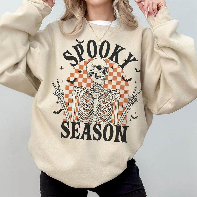 Retro Halloween Sweatshirt, Spooky Season Skeleton Checkered Shirt, Cute Halloween Shirts For Women, Spooky Season Comfort Tee, Spooky Vibes T-Shirt, Halloween Comfort Women Top