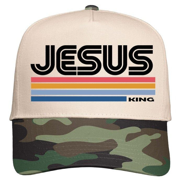 Retro Jesus King Christian Jesus IS King Christ Faith Five-Panel Snapback Cap Hat with Camo Brim and Colorful Stripes Design