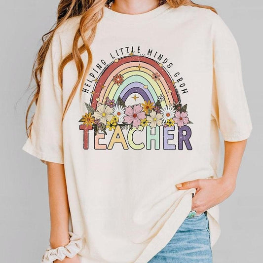 Retro Teacher Floral Shirt, Helping The Little Minds Grow, Back To School Teacher Tee, Teacher Appreciation Gifts, Teacher Birthday Gifts, New Teacher Gift, Kindergarten Teacher, 1st Grade Teacher, Teacher Women Top