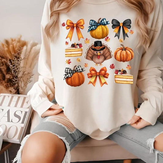 Retro Thanksgiving Shirt, Fall Coquette Pumpkin Bow, Girly Autumn Sublimation, Turkey Shirt
