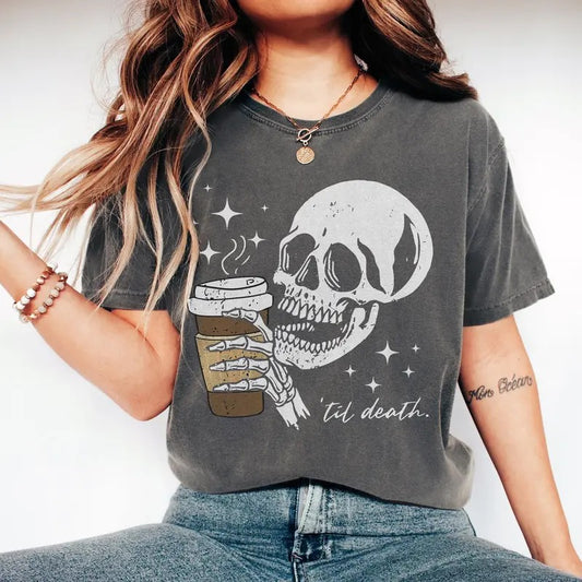 Retro Till Death Coffee Shirt, Skeleton Coffee Shirt, Halloween Shirt, Cute Skeleton Shirt, Skeleton Drinking Shirt