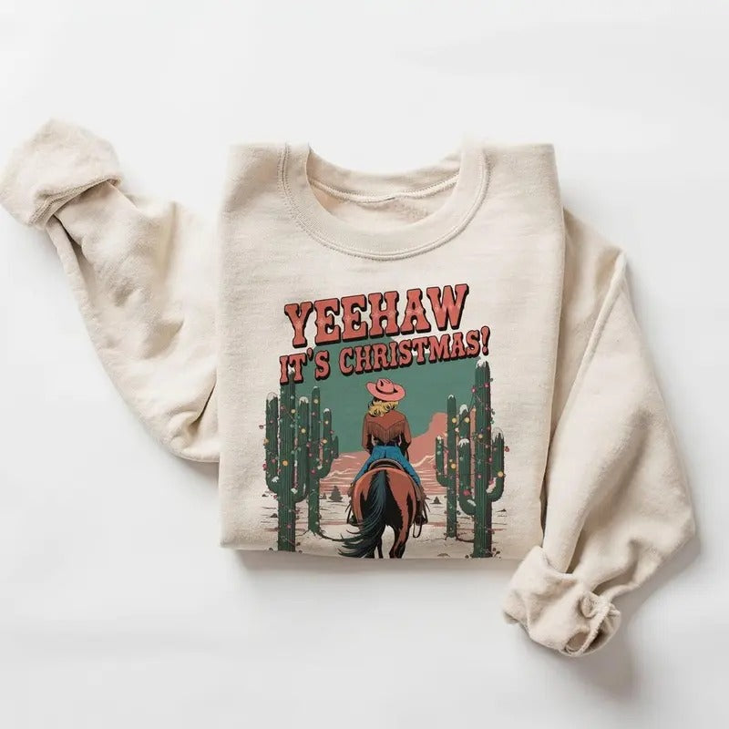 Retro Yeehaw Its Christmas Cowgirl Sweatshirt - 90as Weastern Equestrian Cactus Desert Horse Lover T-shirts Boho Unisex Pullover Cotton Hoodie Menswear Day