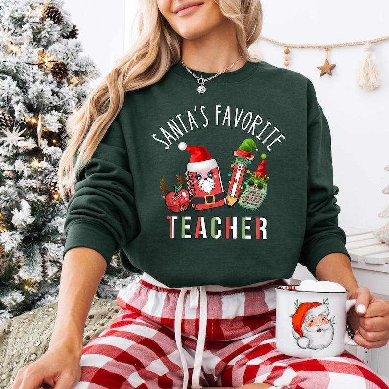 Santa's Favorite Teacher Sweatshirt, Very Merry Teacher T-shirt, Holly Jolly Teacher Tee, Christmas Teacher Life Hoodie, Teacher Gifts