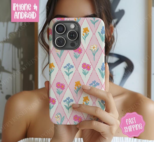 Scalloped Diamond Floral Phone Case, Coquette Phone Case Mag Safe Compatible, Magnetic Tough Cases