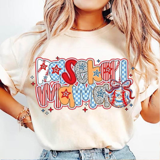 Seasonal Baseball Mom Tee With Retro Checkered Bow, Mom Surprise Gift, Mother's Day Outfit