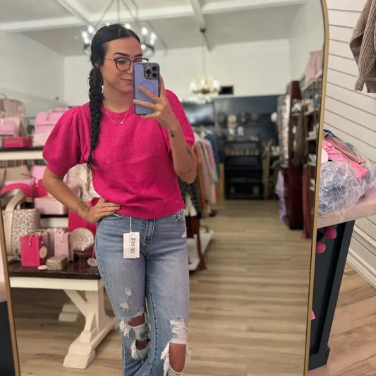 Semi Cropped With Puffy Sleeves In Hot Pink