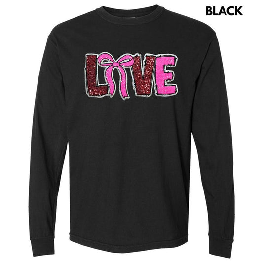 Sequin Love Bow Patch Long Sleeve Comfort Colors T-Shirt