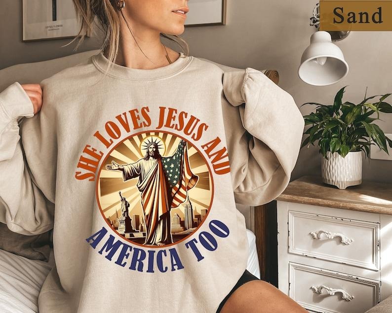 She Loves Jesus And America Too- Fourth Of July Shirt Gift Women-Patriotic Christian Shirt-Independence Day Tees-Election Conservative Shirt