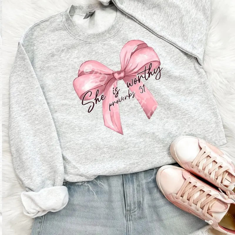 She is Worthy coquette bow Sweatshirt | Ash Gray Sweatshirt jesus shirt
