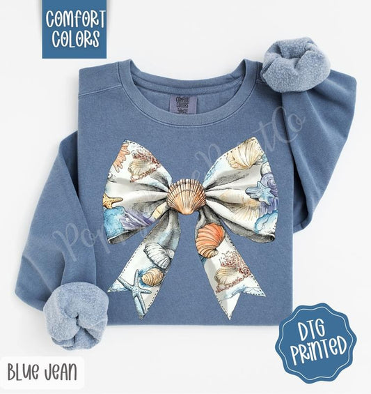 Shell Bow Comfort Colors Sweatshirt, Cute Summer Sweater, Girly Beach Crewneck