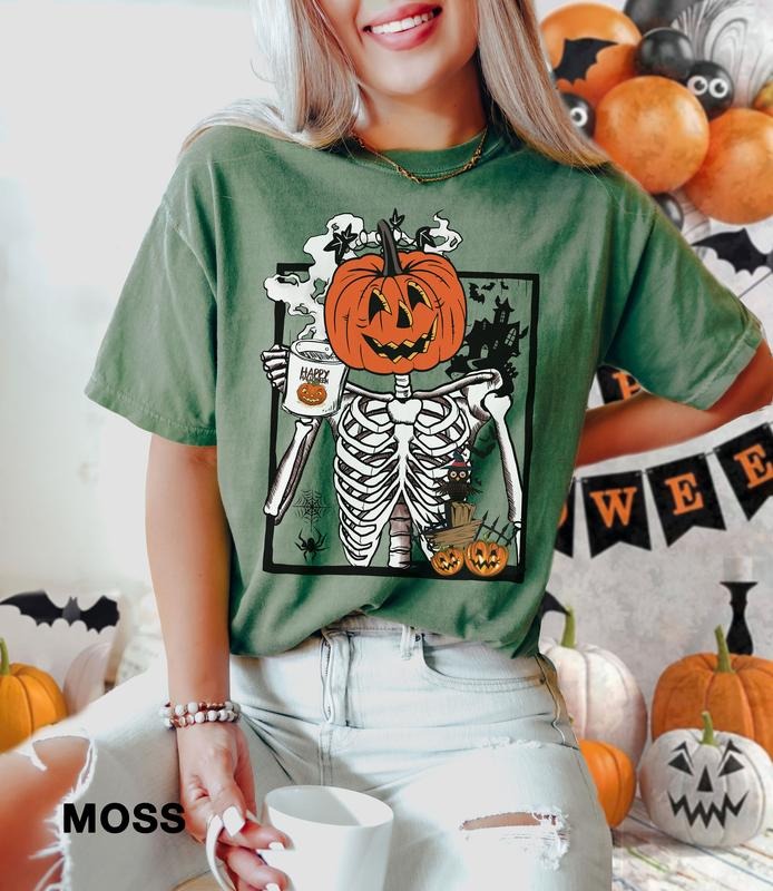 Skeleton Pumpkin Shirt, Halloween Coffee T-Shirt, Womens Fall Fashion shirt, HALLOWEEN Coffee t-shirt, iprintasty halloween