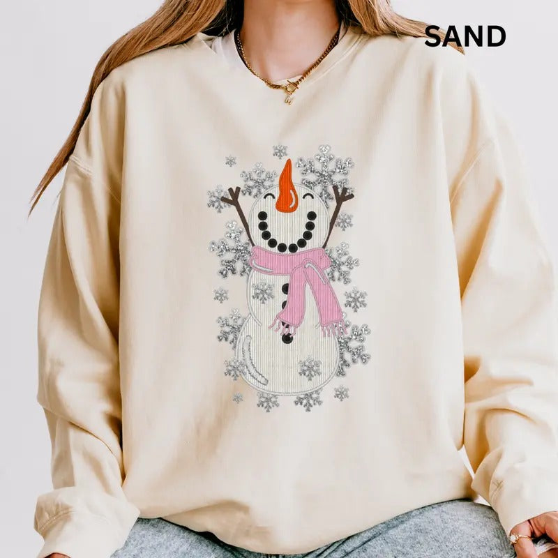 Snowman Sparkling christmas Christmas Winter Graphic Long Sleeve Casual Cotton Polyester Oversized sweatshirt - Comfort Crewneck Womenswear