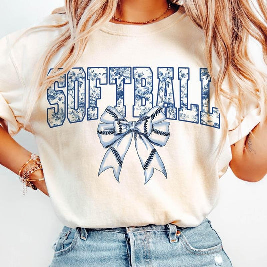 Softball Floral Toile Blue Water Color T-Shirt, Softball Coquette Bow T-Shirt, Vintage Softball Bow T-Shirt, Coquette Softball Mama T-Shirt