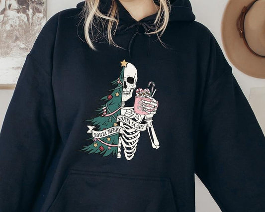 Sorta Merry Sorta Scary Crewneck, Funny Christmas Sweatshirt, Cute Spooky Season Sweater, Custom Christmas Skeleton Sweatshirt, Hoodie and Sweater; T-shirt