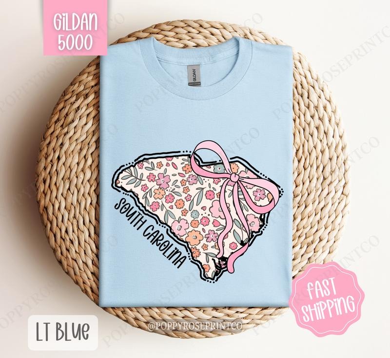 South Carolina Floral Bow Gildan T-shirt, Cute Trendy Tee, State Coquette Oversized Top