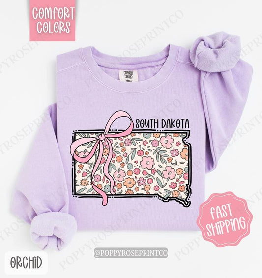 South Dakota Floral Bow Comfort Colors Sweatshirt, Cute Trendy State Coquette Pullover