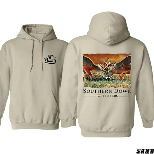 Southern Down Outfitters Hoodie - Striking Deer Battle Scene Capturing the Spirit of the Hunt, Ideal for Wildlife Enthusiasts and Outdoorsmen, Unisex Hoodie Offering Comfort, Perfect for Showcasing Passion for Southern Hunting Culture Menswear Sweaters
