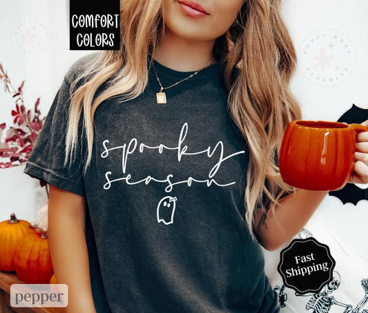 Spooky Season Shirt Comfort Colors, Halloween Tshirt for Women,  October Vibes Shirt Oversized Crewneck Tee