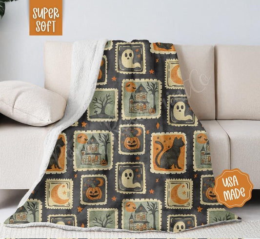 Spooky Stamp Collage Blanket Cozy Halloween Throw 100% Cotton Woven or Fleece Back Velvet Plush for Fall Home Decor Made in USA