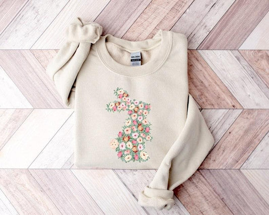 Spring Floral Bunny Shirt, Easter T-Shirt, Easter Bunny Sweatshirt, Floral Rabbit Sweatshirt, Spring Easter Hoodie and Sweater; T-shirt