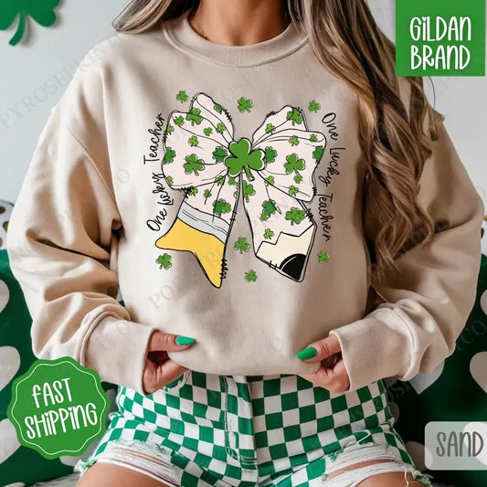 St Patrick Teacher Bow Sweatshirt, St Patrick's Day Crewneck, Cute Women's Sweater