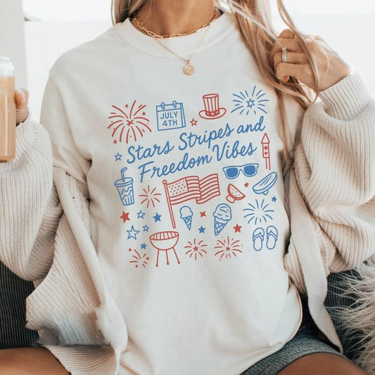 Stars Stripes And Freedom Vibes T-Shirt, Fourth Of July Shirt, Cute Doodle 4th Of July Shirt, Patriotic Sweatshirt, Independence Day Gift