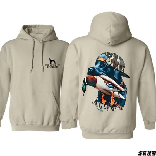 Straight Up Southern Hoodie, Bold Black Hunting Dog with Duck Graphic, Perfect for Outdoorsmen and Waterfowl Hunters
