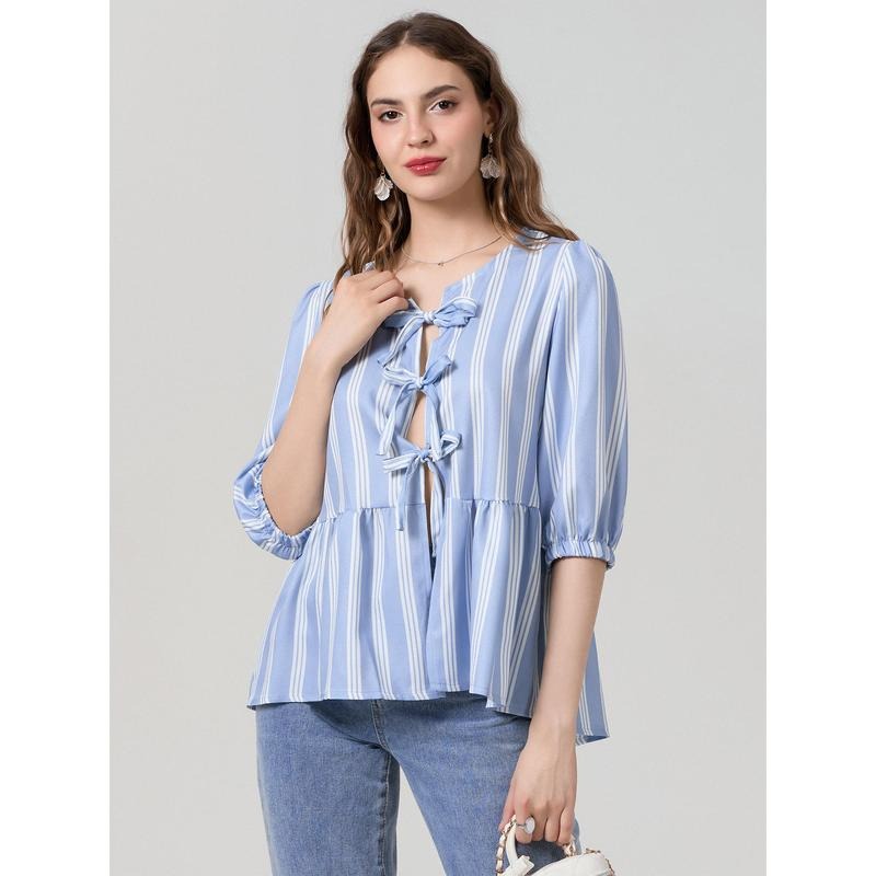 Women's Spring Summer Casual Shirts 3/4 Sleeve O Neck Solid Color/Striped Blouse Polyester Top Light Womenswear