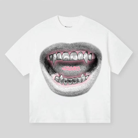 Stylish Sketch Printed Retro Metal Lips T-Shirt, Vintage Graphic Tee, Unisex Cotton Crewneck T-Shirt - Medium, Short Sleeve, Casual Streetwear Printed Tee Menswear Top
