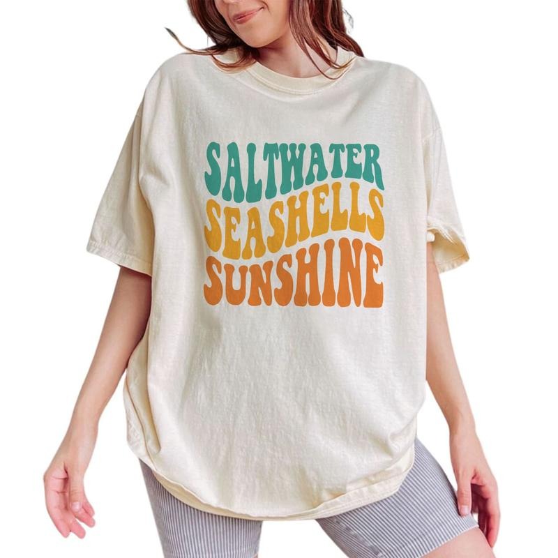 Summer Beach Tee, Saltwater Seashells Sunshine Vintage Graphic Tee Women, Island Vacation Women Shirt, Summer Vacation Outfits, Summer Vibe Shirt For Women, Mom Summer Outfits, Womenswear, Cotton Fabric Relaxed Fit Chic Style