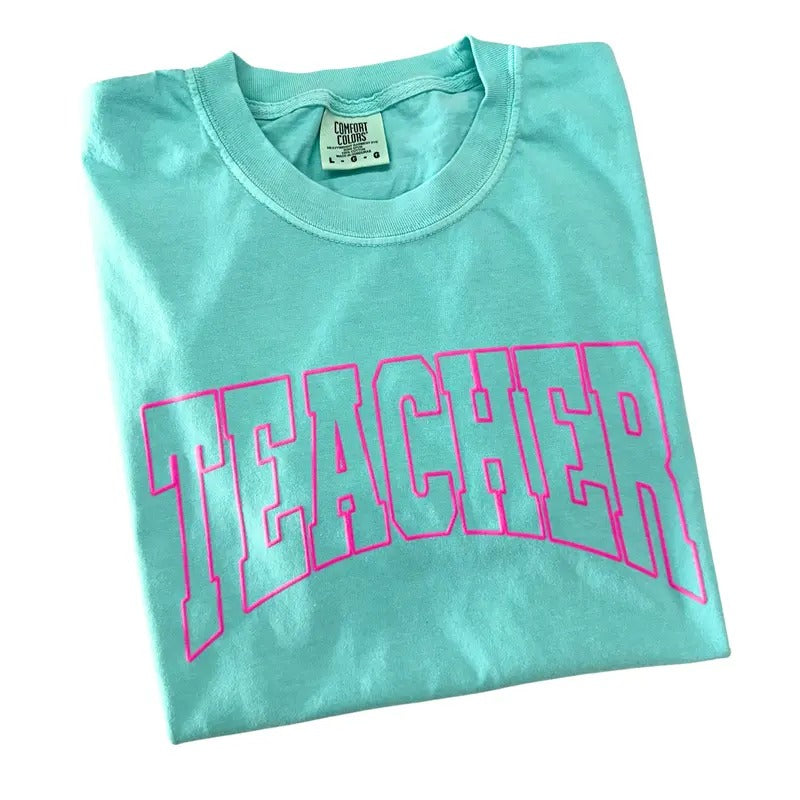 TEACHER Pink Puff Letter Comfort Colors T-Shirt