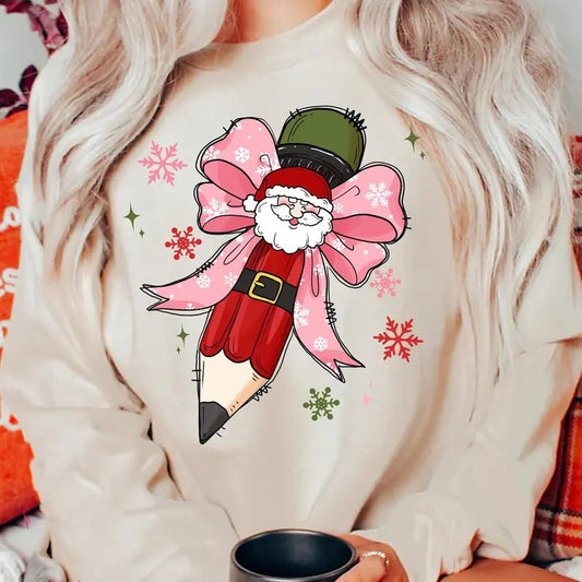Teacher Coquette Pencil Bow Sweatshirt, Christmas Bow, Xmas Pencil Bow , Retro Teacher Gift, Santa Xmas Shirt, Pencil Bow Sweatshirt