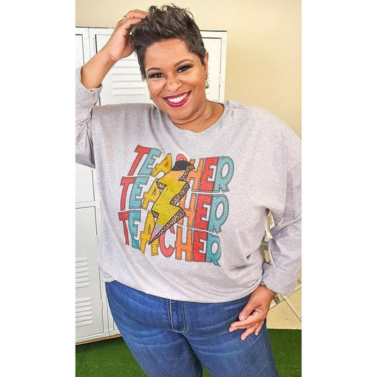 Teacher Stack Lightening Bolt Graphic Long Sleeve Shirt
