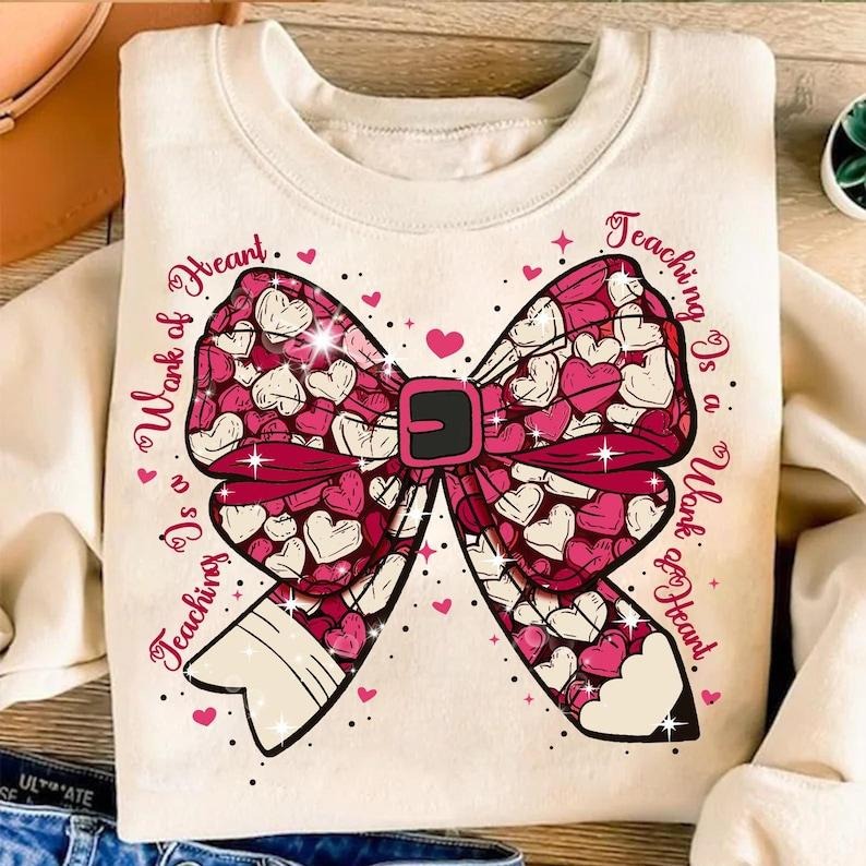 Teacher Valentine Coquette Bow Pencil Sweatshirt Valentine Teacher Heart Pencil , Valentines Day Teacher  , Retro Teacher Gift