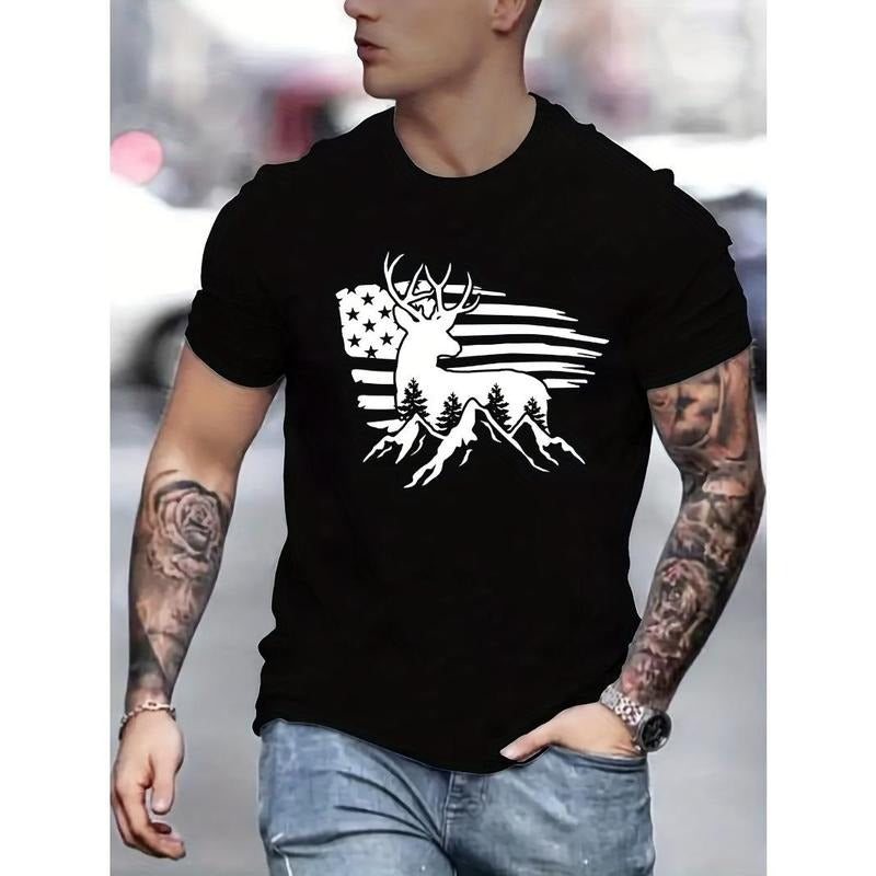 Tees For Men, Deer Antler And US Flag Print T Shirt, Casual Short Sleeve Tshirt For Summer Spring Fall, Tops As Gifts Made in USA
