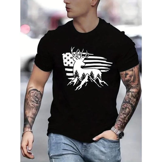 Tees For Men, Deer Antler And US Flag Print T Shirt, Casual Short Sleeve Tshirt For Summer Spring Fall, Tops As Gifts Made in USA