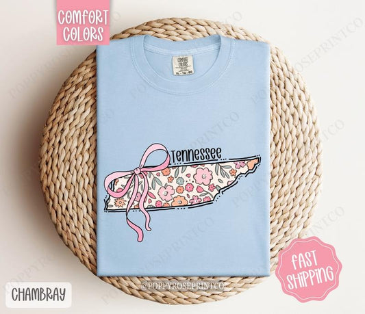Tennessee Floral Bow Comfort Colors T-shirt, Cute Trendy Tee, State Coquette Oversized Top