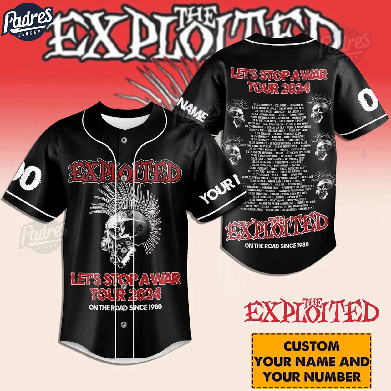 The Exploited Let's Stop A War Tour 2024 Custom Baseball Jersey - Padres Jersey Oasis: Elevate Your Baseball Style Game