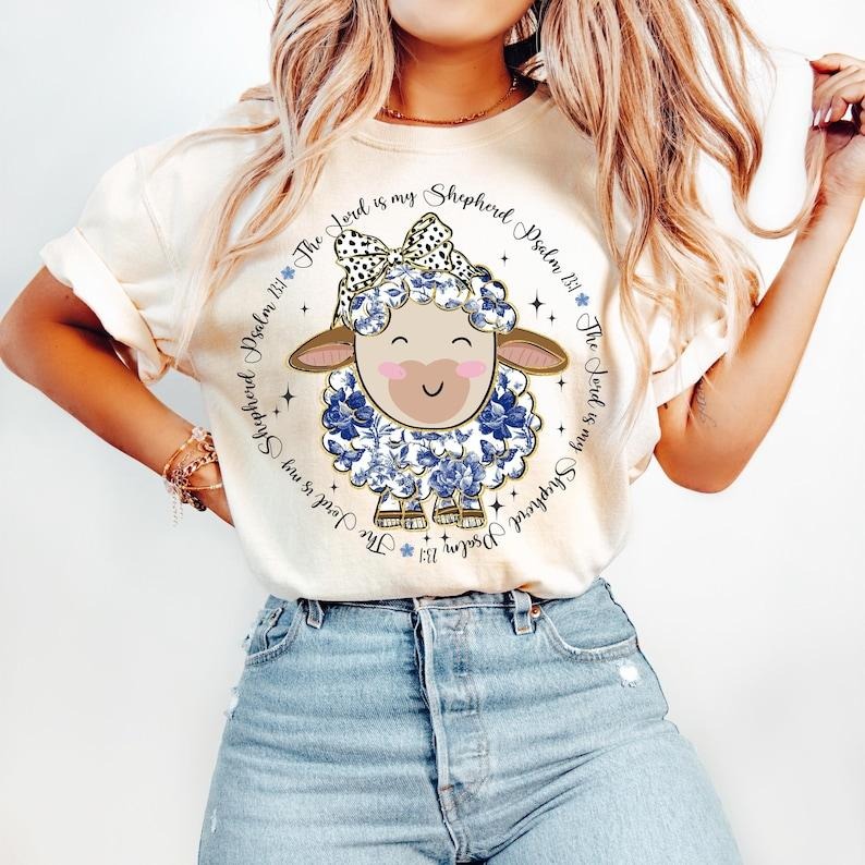 The Lord is my Shepherd, Blue Floral Chinoiserie Lamb, Christian Easter Coquette, Grand Millennial Tshirt