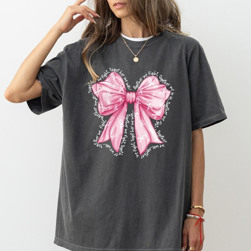 Together We fight Together We Win Shirt, Coquette Breast Cancer Bow Printed Graphic Printed Tee, Breast Cancer Warrior T-shirt, October Women Apparel, In October We Wear Pink Short Sleeve Pullover, Womenswear, Cotton Fabric Relaxed Fit Chic Style
