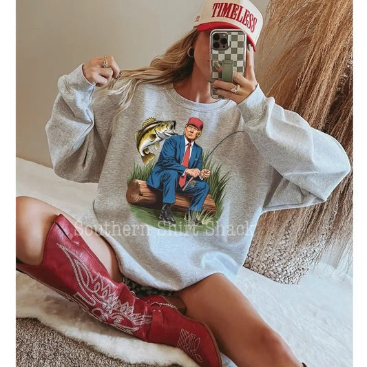 Trump Gone Fishing Sweatshirt | Ash Gray Sweatshirt