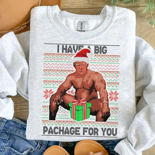 Trump On A Bed Big Package Ugly Christmas Sweatshirt, Women Retro Vintage Sweatshirt, Adult Unisex Sweatshirt, Funny Christmas Shirt