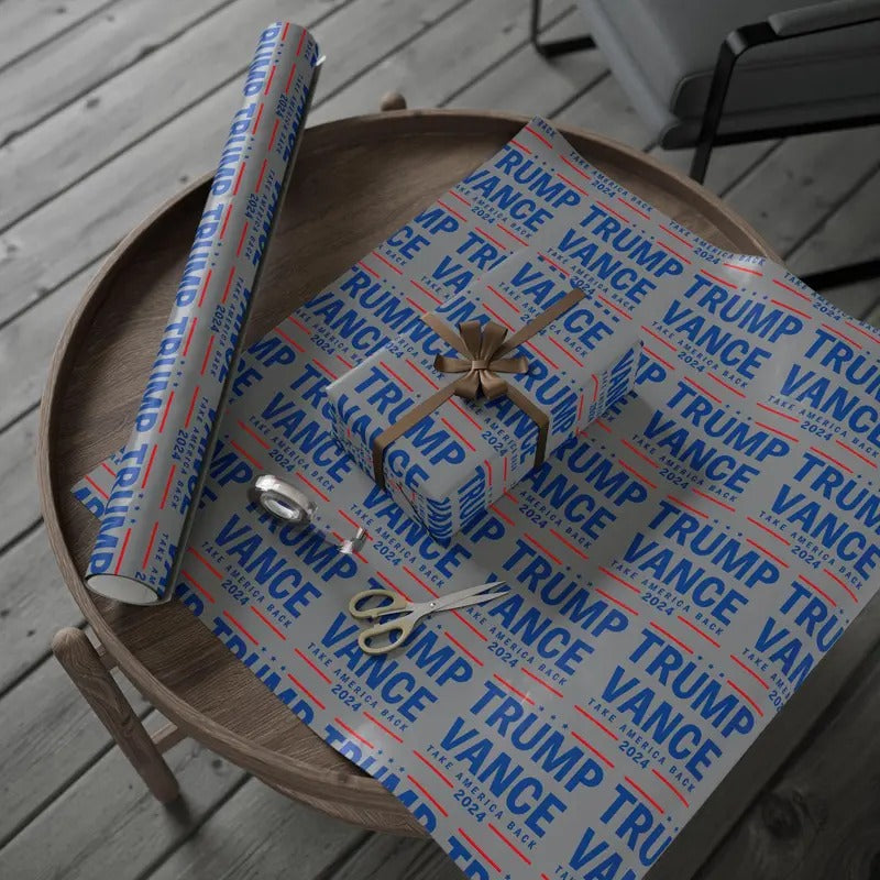 Trump Wrapping Papers, Trump2024 Christmas Gift Wrap, Trump Vance Take America Back Patterned Wrapping Paper, available in 3 sizes.