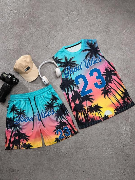 Two-Piece Set Men's All Over Print Tank Top & Shorts Set, Regular Fit Casual Fashion Letter Print Sleeveless Top & Shorts for Daily Wear, Men's Two-piece for Summer