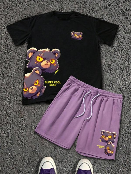 Two-Piece Set Men's Cartoon Bear Print Tee & Shorts Set, Regular Fit Casual Short Sleeve T-shirt & Track Shorts, Summer Clothes Set for Men